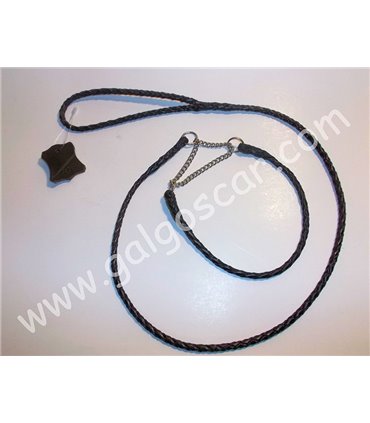 Juego ramal y collar cuero ahogue cadena, trenza redonda