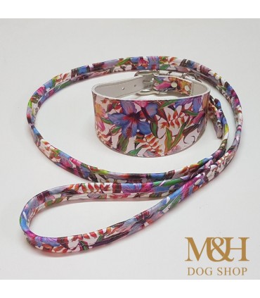 Correa Ecoleather  flores azul., mosqueton gatillo. 1metro
