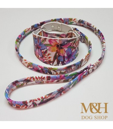 Collar antiescape Ecoleather  flores azul para galgo ó whippet,.