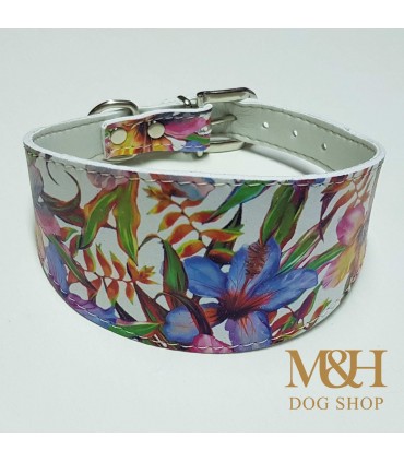 Collar Ecoleather  flores azul para galgo, whippet, piccolo,