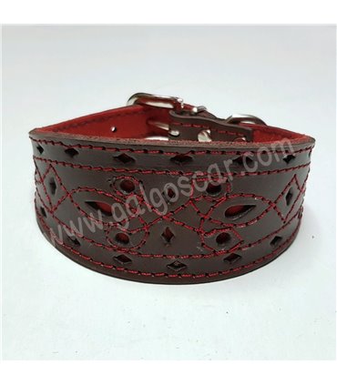 Collar Whippet o cachorros de galgo de cuero labrado    c/marron, forrado fondo blanco ó rojo